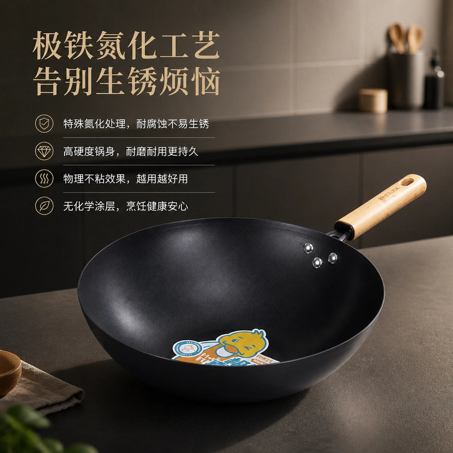 小黄鸭极铁炒锅在厨房环境中的展示，配有文字说明极铁氮化工艺、不易生锈、物理不粘及无化学涂层等卖点。