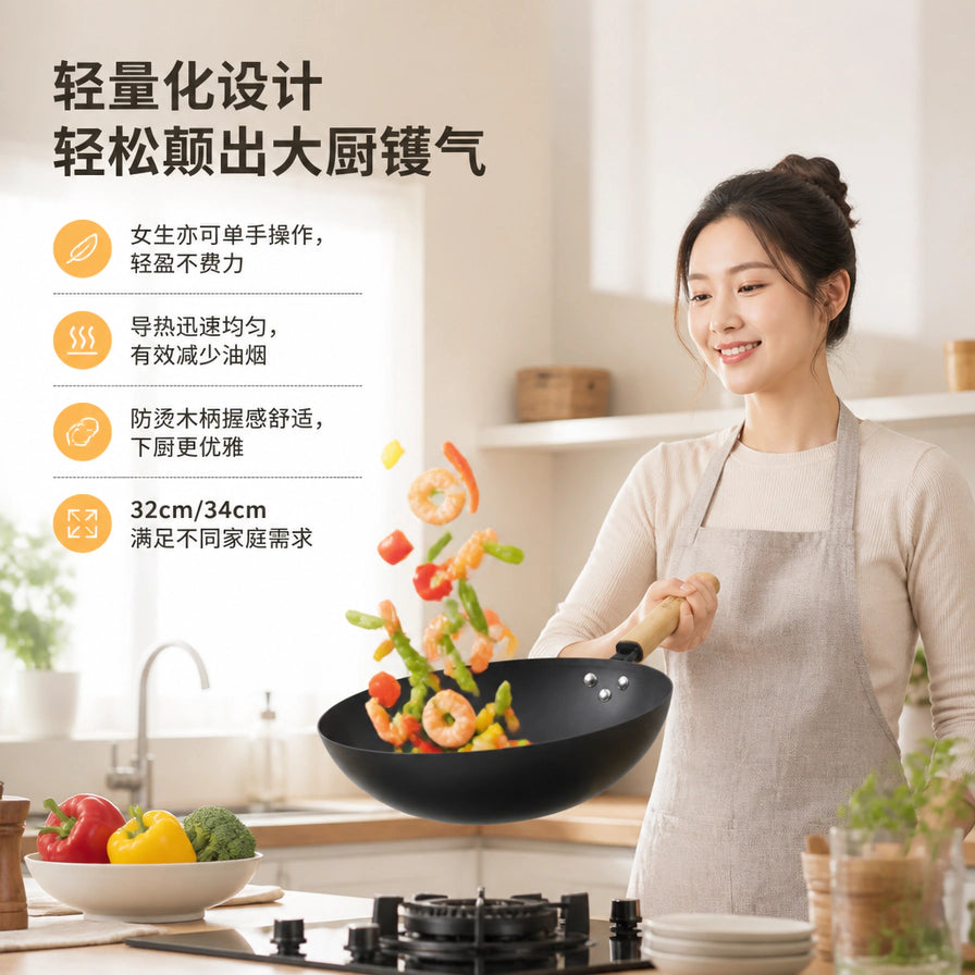 一位女性正在使用小黄鸭极铁炒锅单手颠锅，展示轻量化设计、受热均匀及防烫木柄等特点。