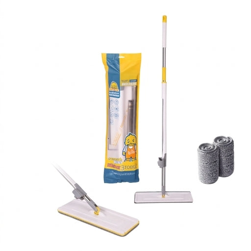 小黄鸭平板拖把清洁示意图，展示窄版拖头深入家具底部缝隙