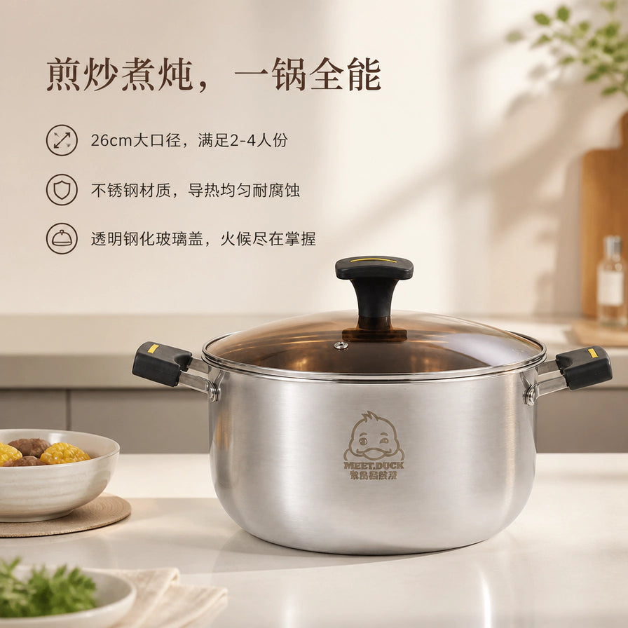 在厨房环境展示的小黄鸭多用锅，上方配有中文卖点文字，强调煎炒煮炖全能、26cm大口径及不锈钢材质。