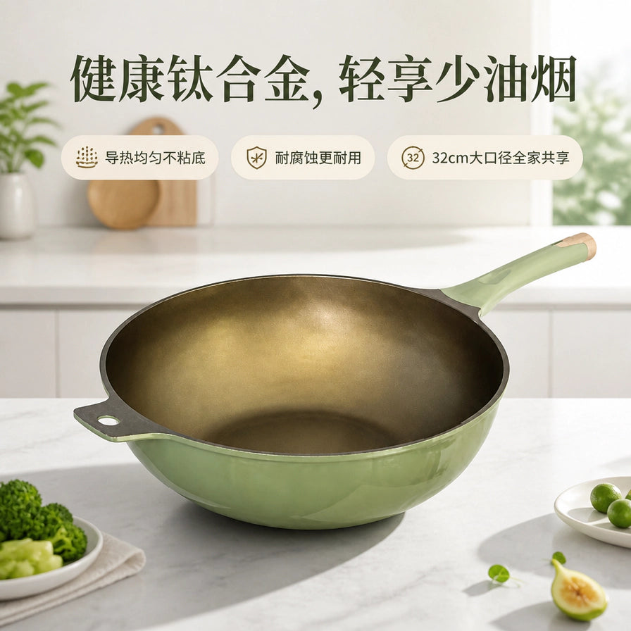 在厨房台面上展示的 MEET.DUCK 钛合金炒锅，上方配有健康钛合金、轻享少油烟等中文卖点文字。