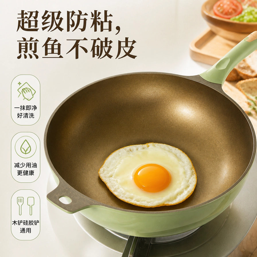 MEET.DUCK 炒锅内正在煎一个荷尔蒙蛋，展示其超级防粘性能，侧边附有易清洗、少油更健康等中文说明。