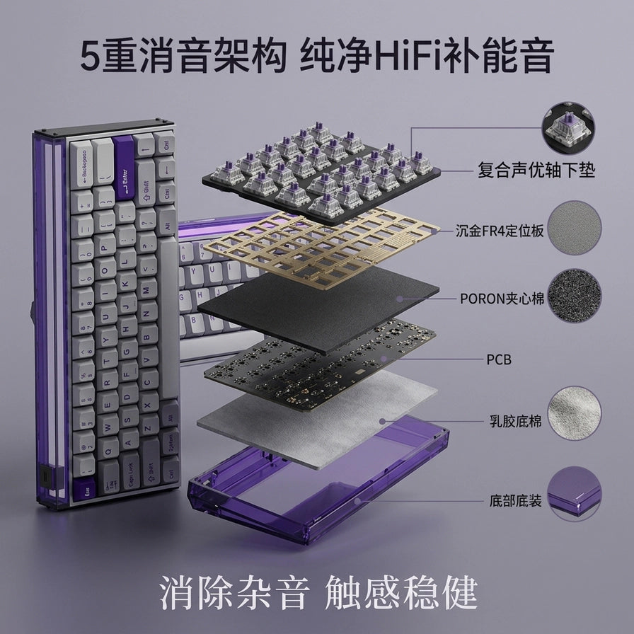 MelGeek MADE68 PRO+ 键盘5重消音结构拆解图，展示轴下垫、定位板、夹心棉、PCB及底棉等层次。