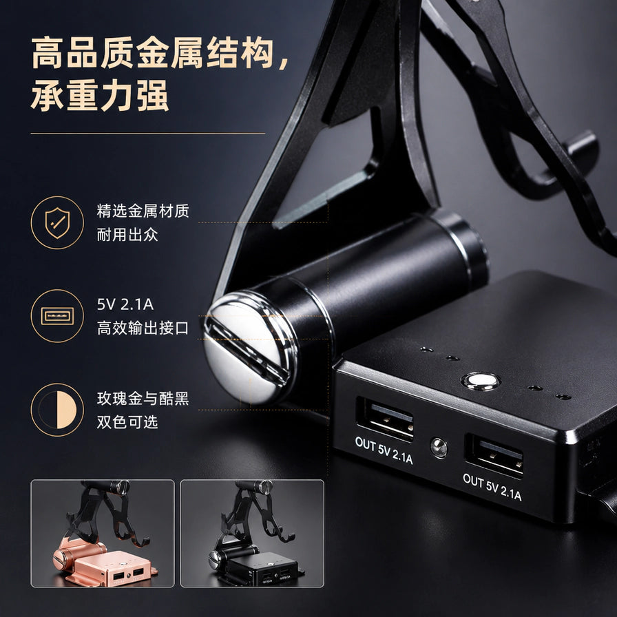 产品细节特写，展示高品质金属结构、5V 2.1A高效输出接口及玫瑰金与酷黑双色可选。