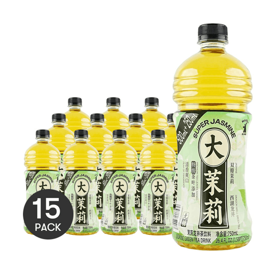 麦多维多大茉莉龙井茶饮料15瓶整箱装示意图，左下角带有15 PACK黑色圆形角标。