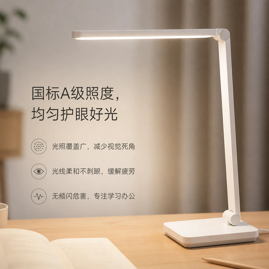 小米米家智能台灯Lite在木质书桌上的使用效果，展示柔和均匀的光照，配有护眼卖点文字。