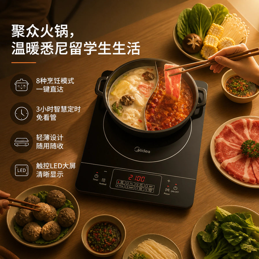 生活化场景图：美的电磁炉正在加热鸳鸯火锅，周围摆放着火锅食材，左侧配有烹饪模式和定时功能的中文说明。