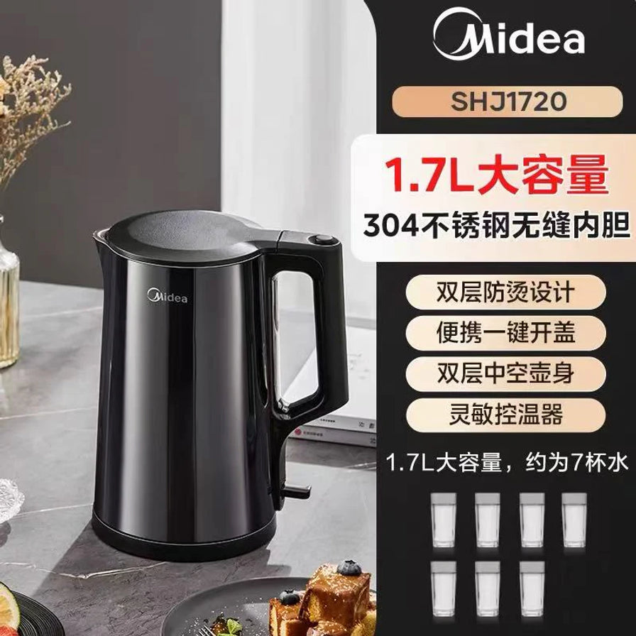 美的电热水壶SHJ1720宣传海报，标注1.7L大容量、304不锈钢无缝内胆及双层防烫设计等卖点。