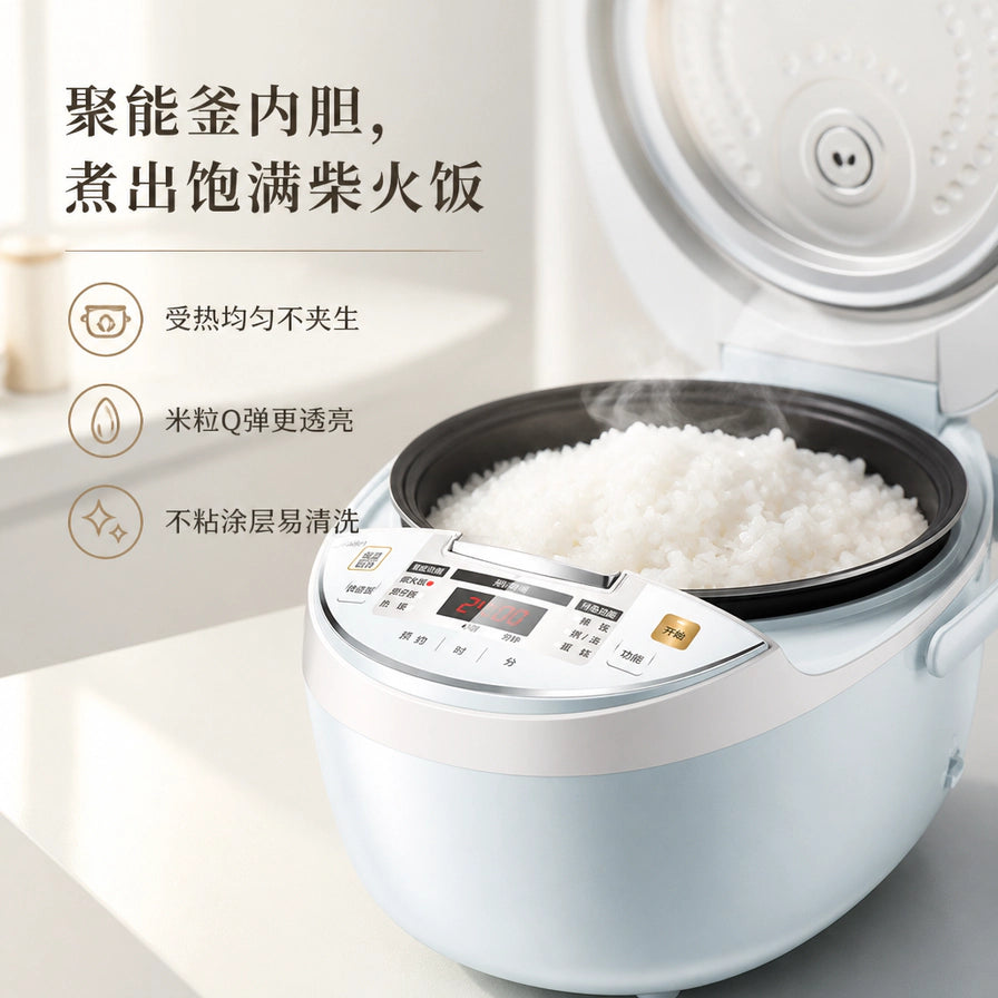 美的电饭煲开启状态，展示内部煮好的饱满白米饭，左侧配有聚能釜内胆卖点文字。