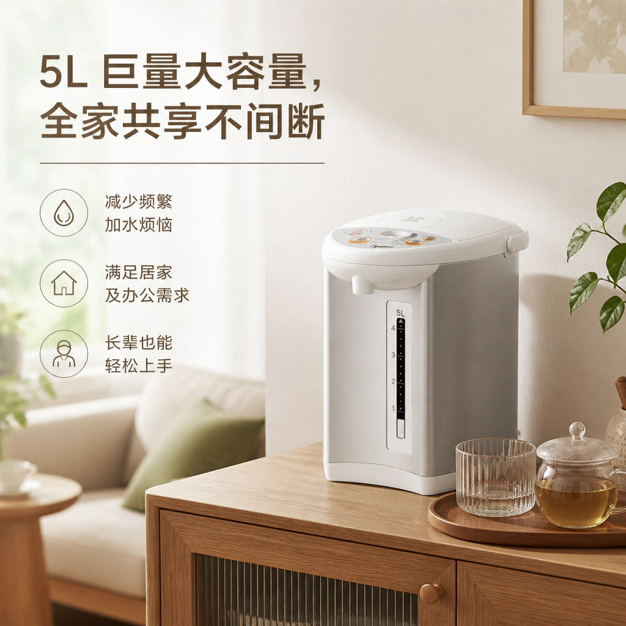 美的 5L 大容量电热水瓶放置在木质茶几上的居家场景图，左侧带有 5L 巨量大容量等中文卖点文字。