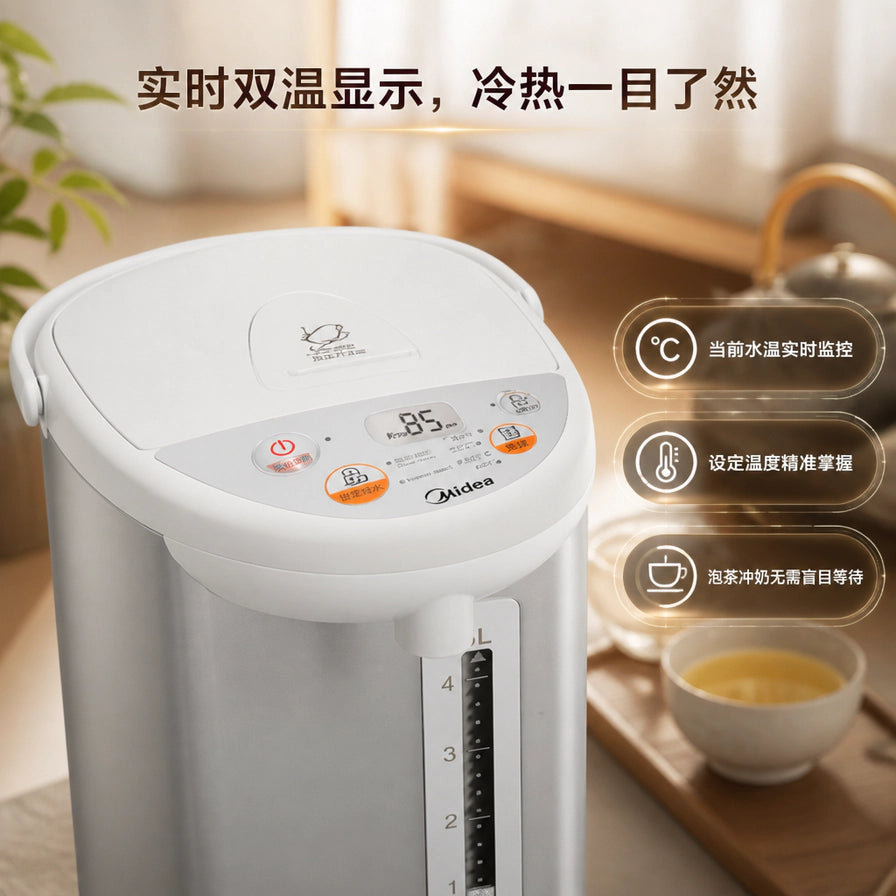 美的电热水瓶顶部控制面板特写，显示实时水温 85 度，右侧配有实时双温显示等中文卖点说明。