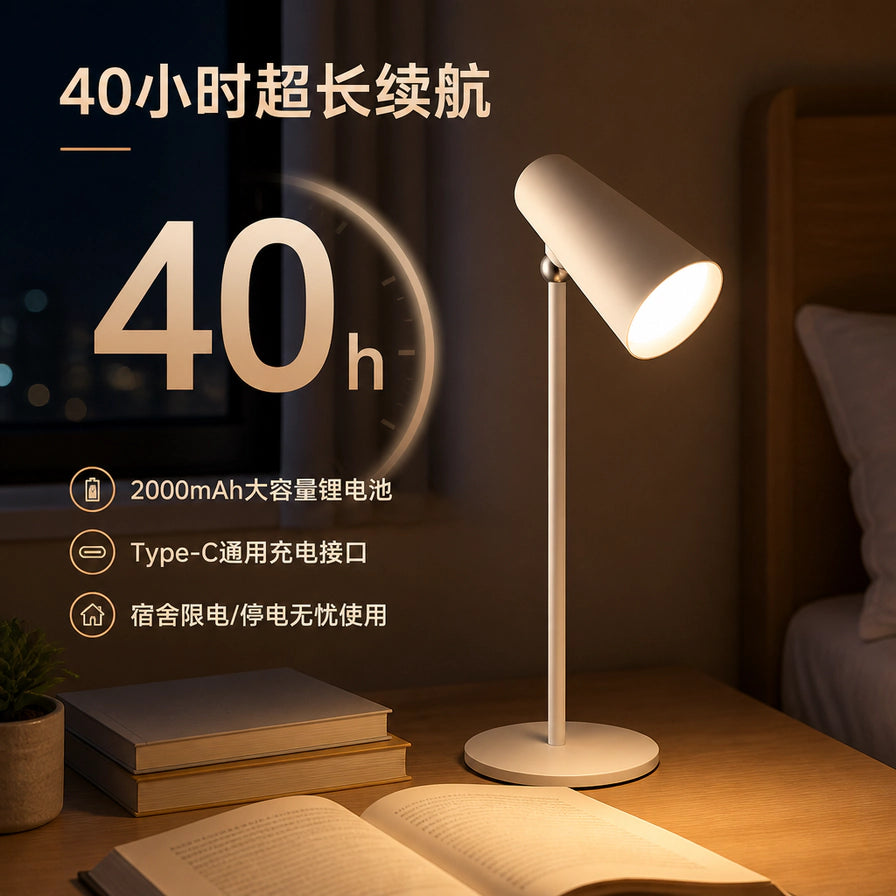 在温馨卧室环境中使用的小米充电台灯，背景带有40小时超长续航及2000mAh电池容量的文字说明。