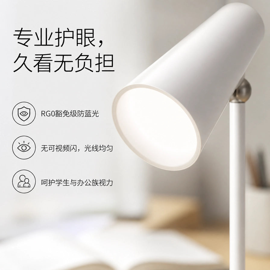 小米充电台灯灯头近景，展示柔和光效，侧边带有专业护眼、RG0无蓝光危害的卖点文字。