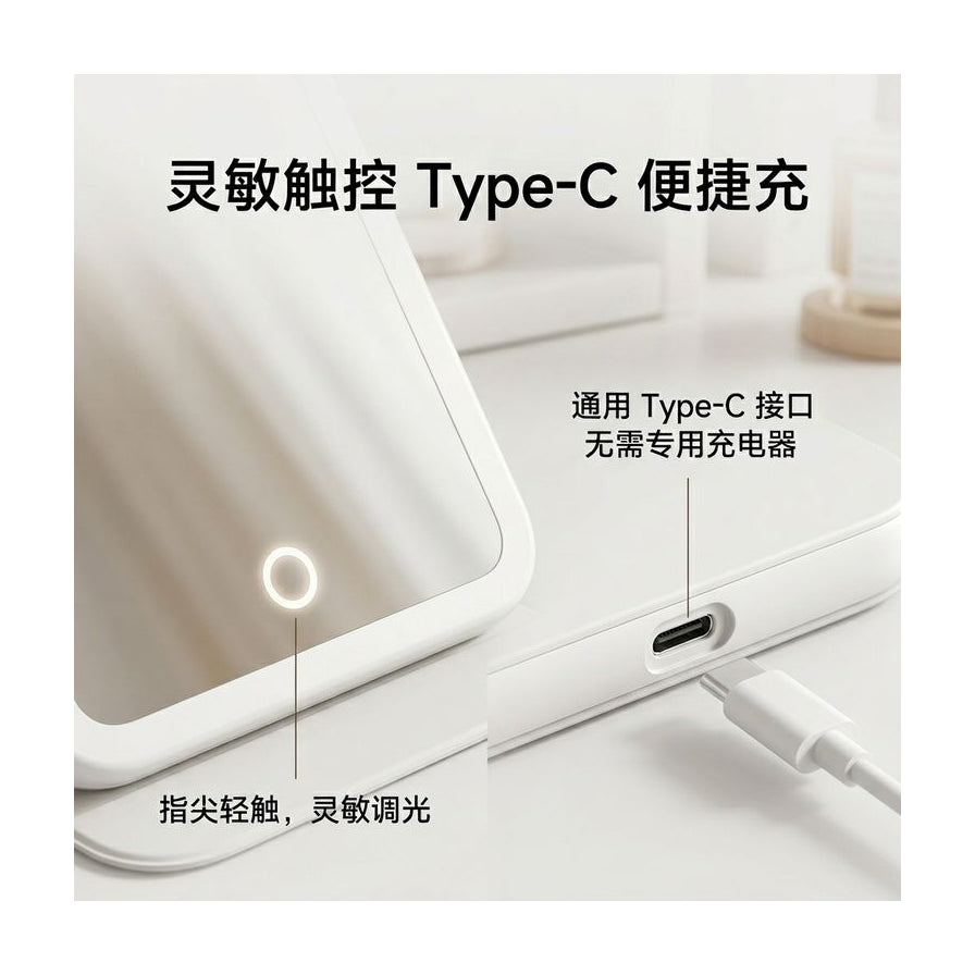 米家化妆镜触控开关与 Type - C 充电接口细节特写，配有中文功能说明