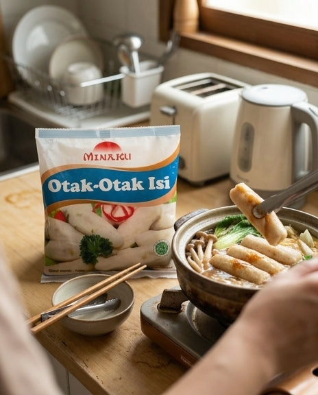 Minaku 鱼糕垂直构图特写，展示 200g 独立包装与产品细节