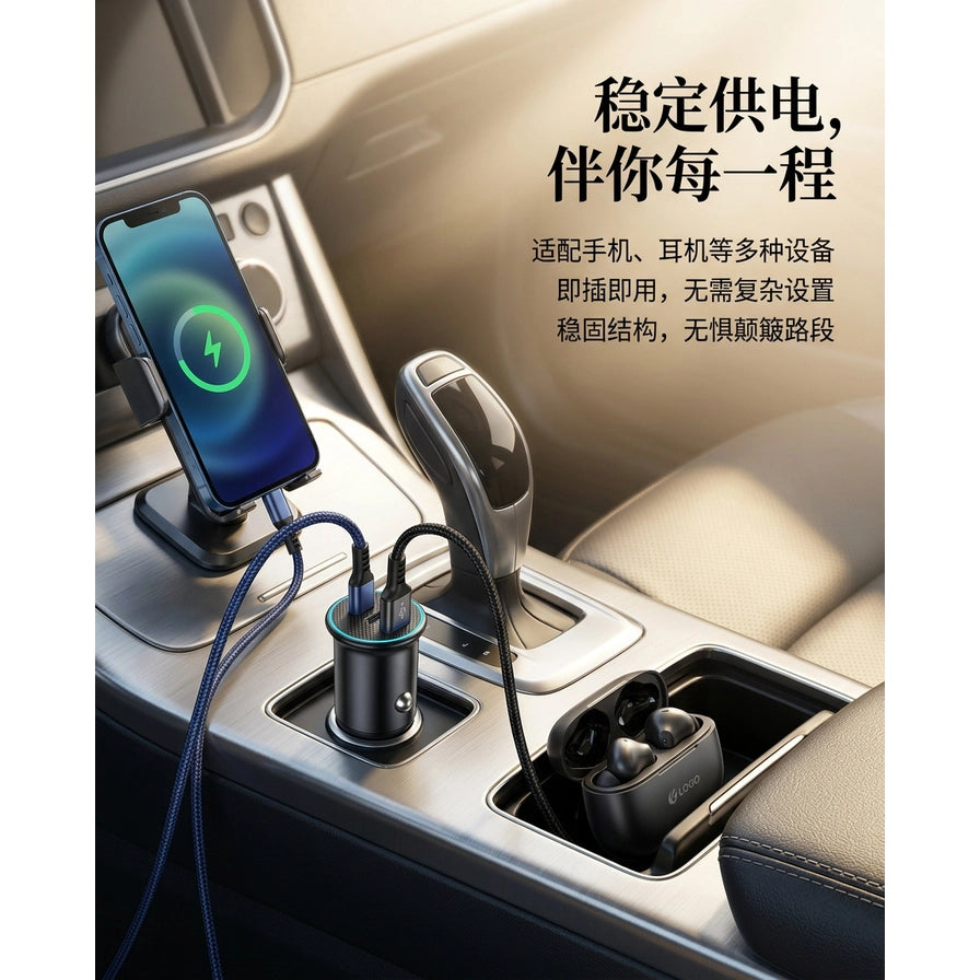 车载充电器在车内实际使用场景，同时连接手机和耳机充电，配有中文卖点说明。