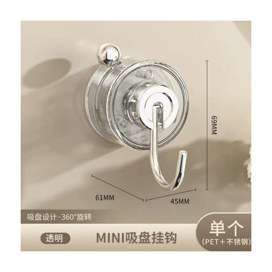 透明吸盘挂钩的尺寸标注图，显示高度69mm，宽度61mm，厚度45mm，并标有360度旋转功能说明。