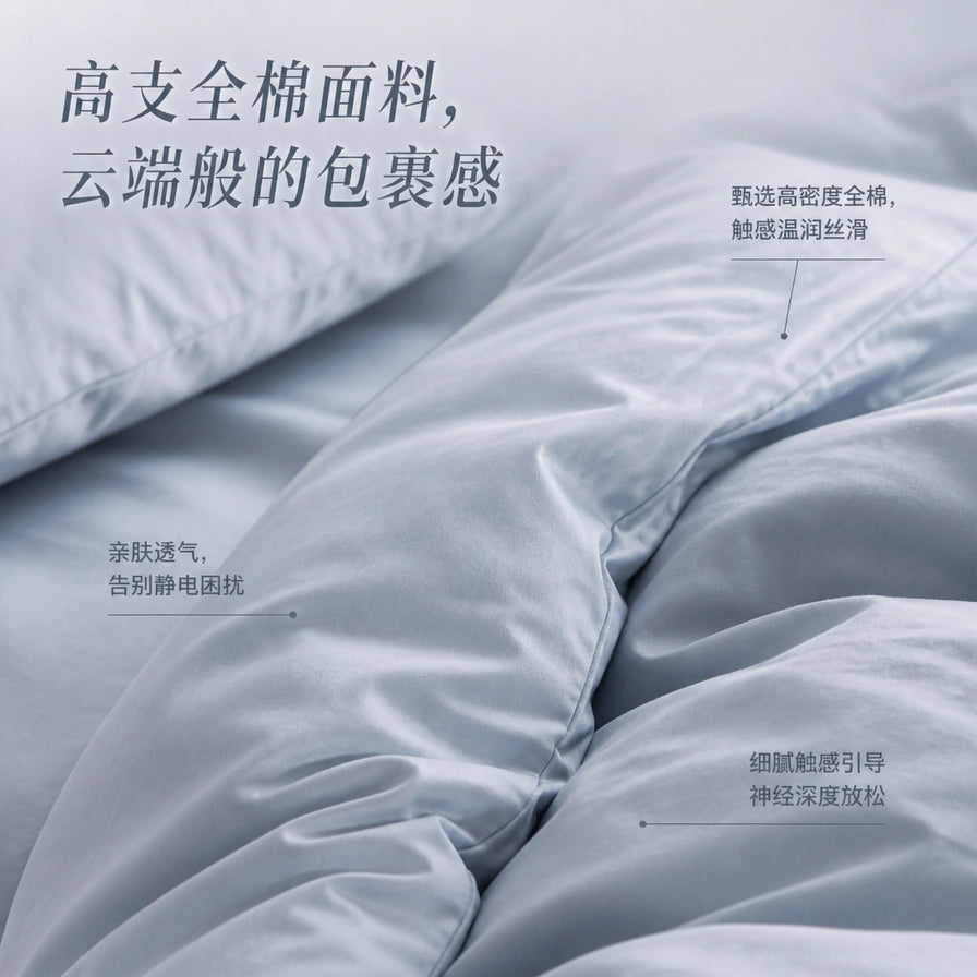 高支全棉面料细节特写，展示温润丝滑的触感，并带有高密度全棉、亲肤透气等中文卖点标注。