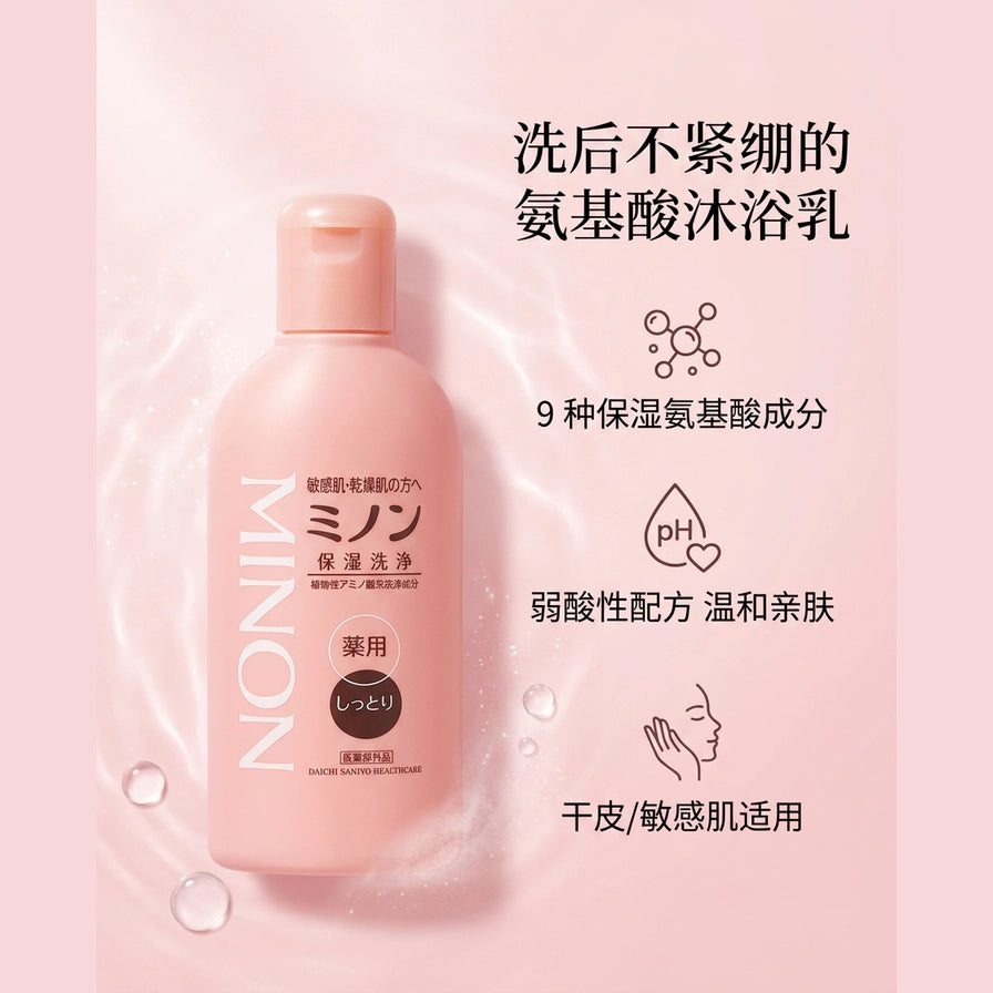 MINON 沐浴乳成分功效示意图，包含中文文字介绍氨基酸配方与弱酸性特点。