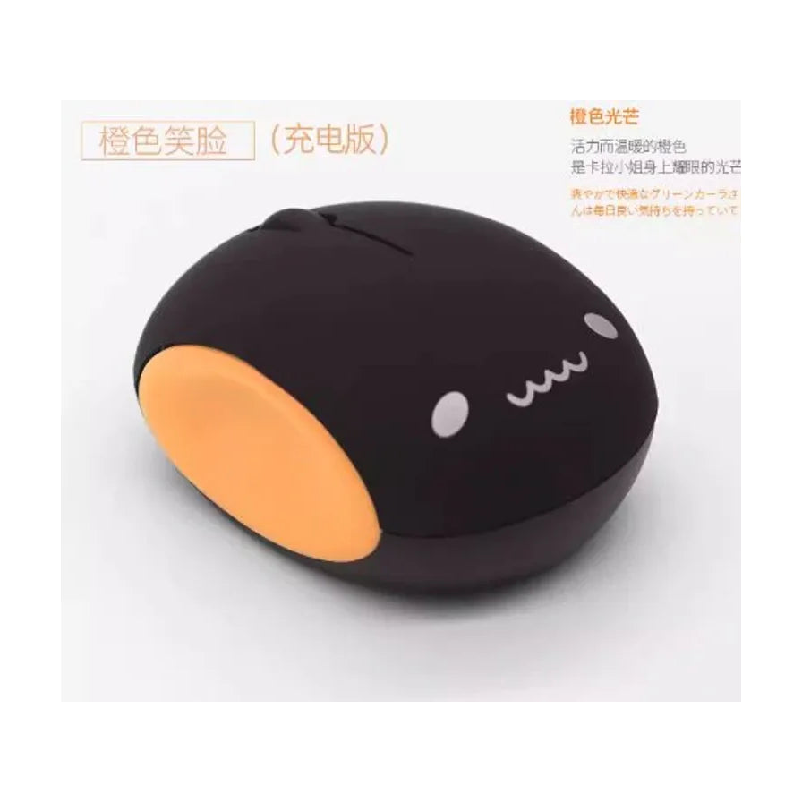 卡拉小姐橙色笑脸充电版无线鼠标，背景带有活力橙色卖点介绍文字。
