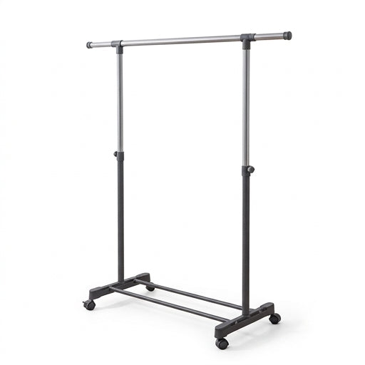 带中文说明的移动晾衣架电商图，展示高度调节和万向轮功能