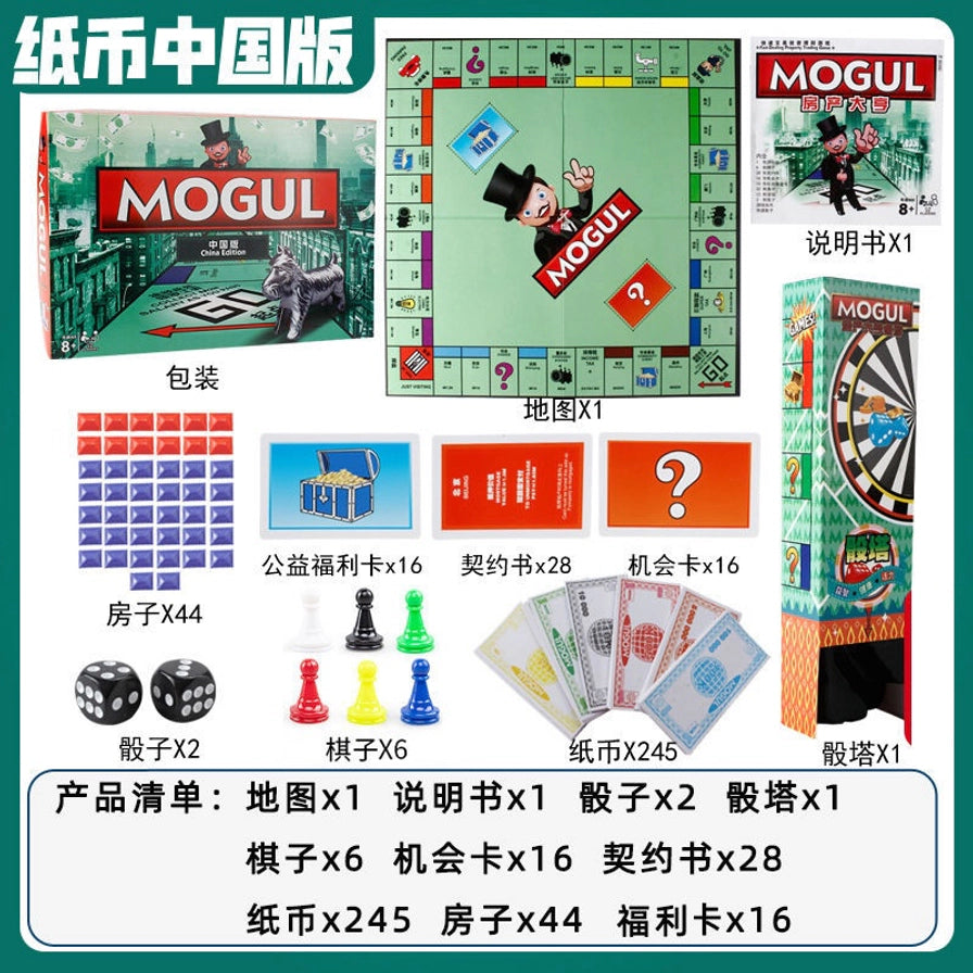 MOGUL 地产大亨桌游中国版内容展示图，包含包装、地图、说明书、卡牌、房子、棋子、纸币和骰塔