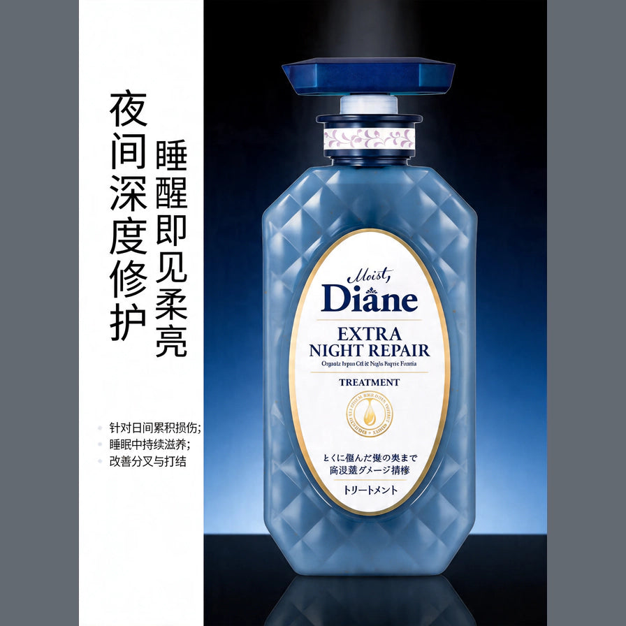 黛丝恩护发素深色背景展示，左侧配有中文竖排文案“夜间深度修护”及功效说明。