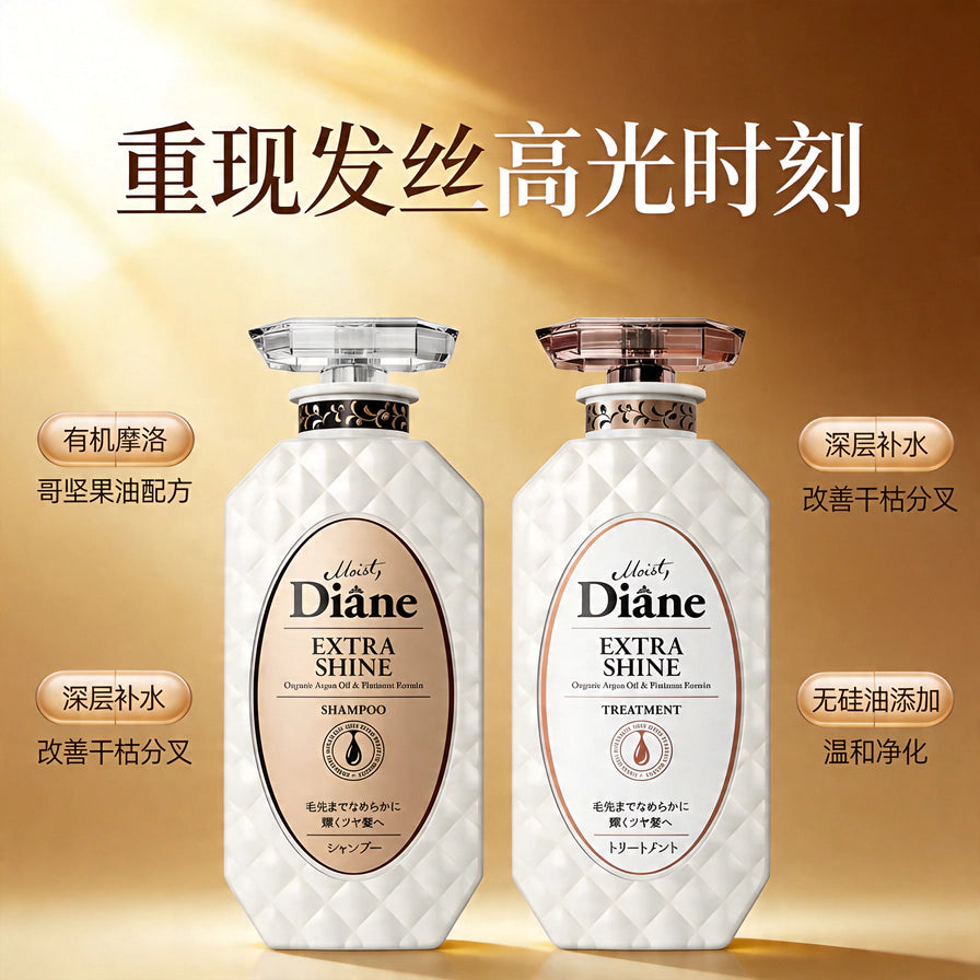 金色背景下的洗护套装营销图，配有中文卖点标签强调有机摩洛哥坚果油配方与深层补水功效。