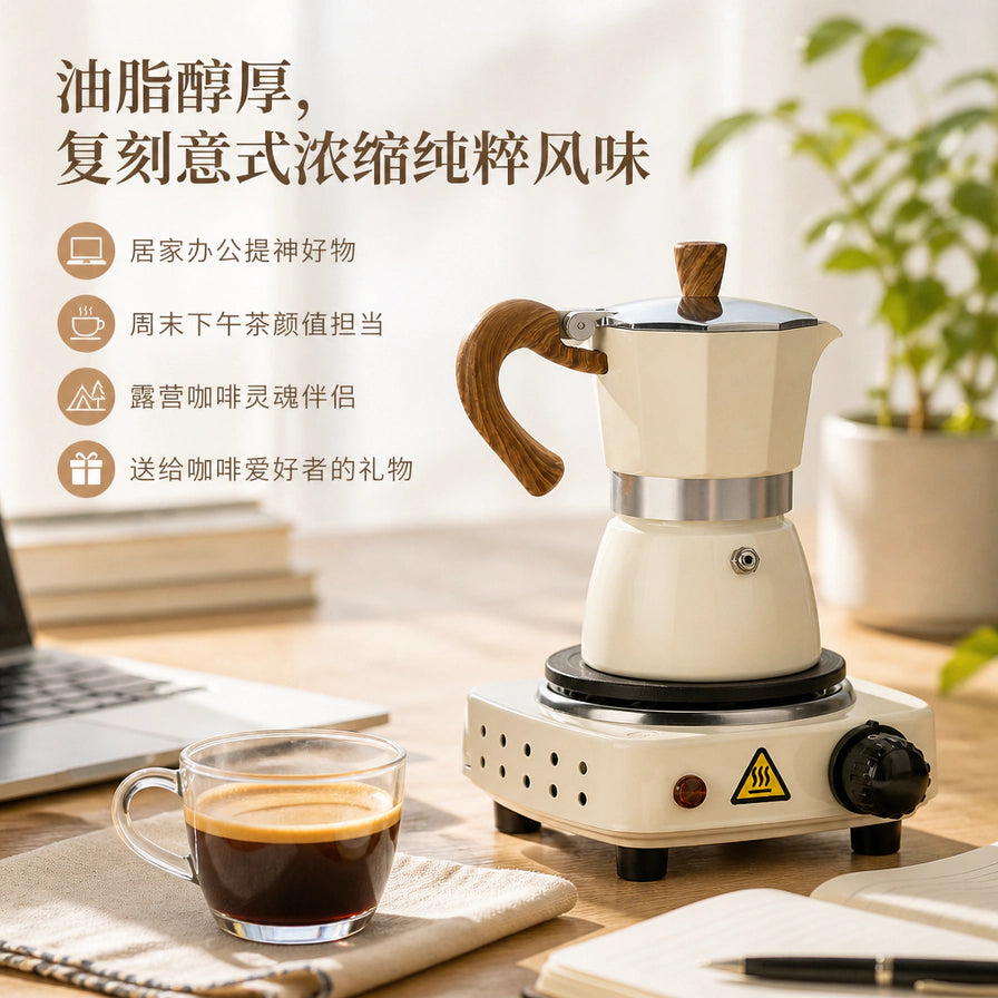 温馨居家场景中，奶油白摩卡壶正在电陶炉上煮制咖啡，旁边放有一杯意式浓缩咖啡，配有中文生活化卖点文字。