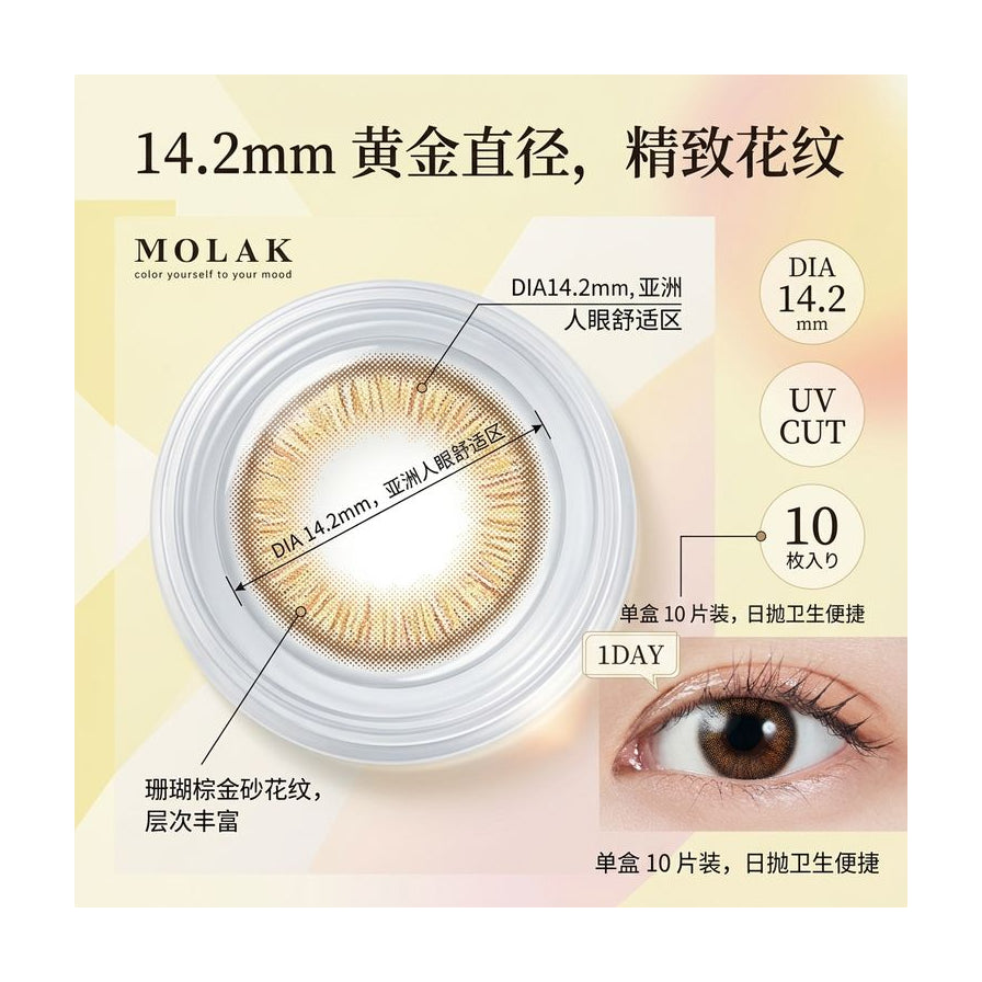 MOLAK 美瞳产品细节图，展示珊瑚棕金砂花纹、14.2mm 直径参数及佩戴效果，配有中文卖点说明文字。