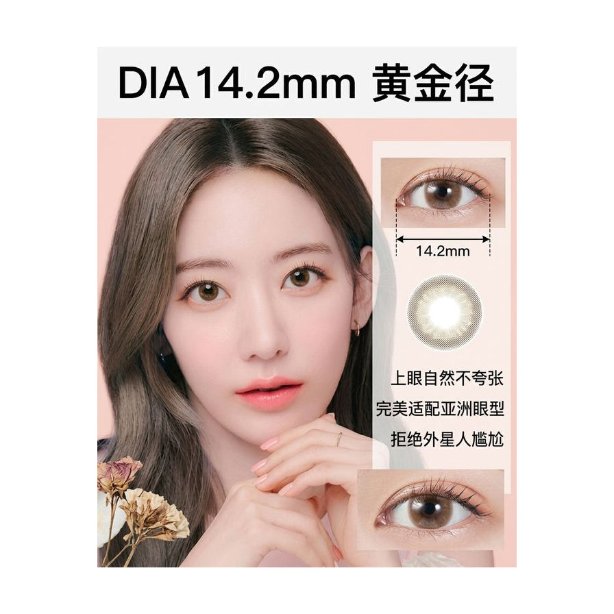 MOLAK 美瞳黄金直径 14.2mm 卖点海报，含中文参数标注、眼部对比及模特佩戴图。