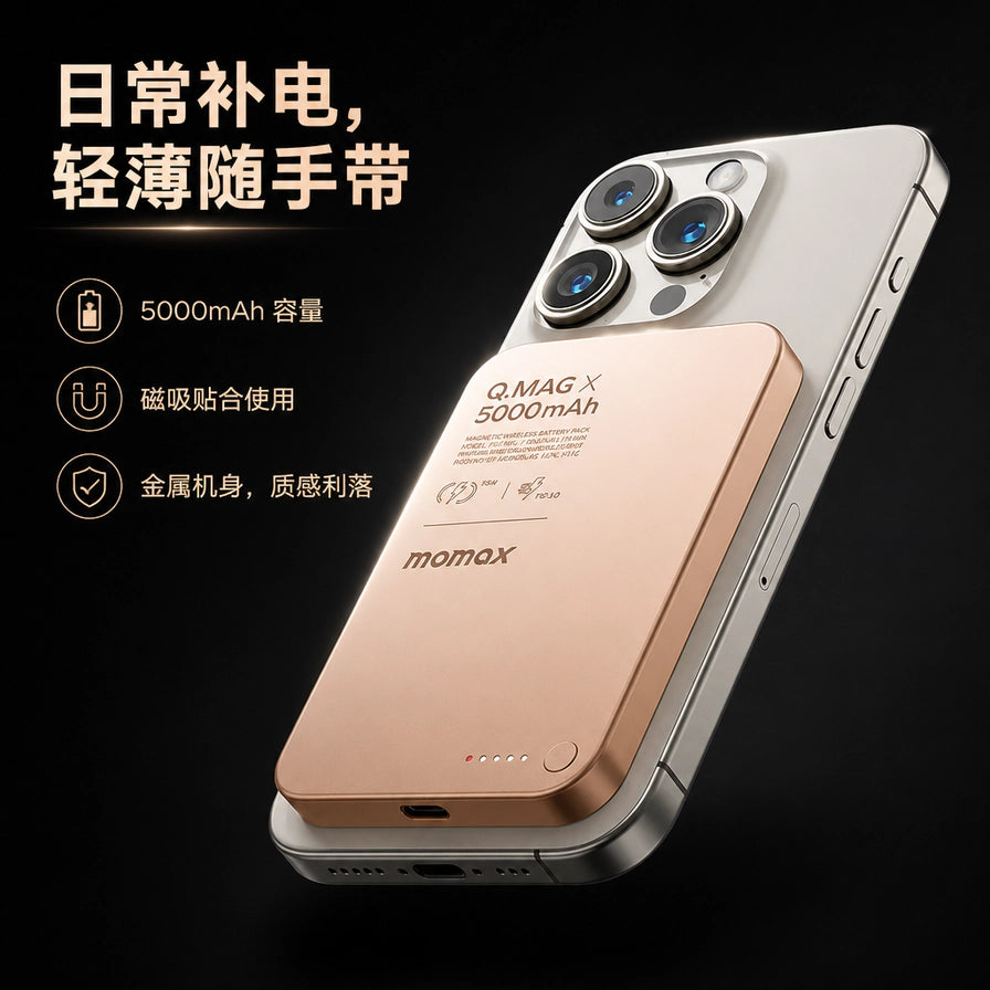 摩米士磁吸充电宝贴合手机使用示意图，配有日常补电、轻薄随手带等功能说明文字。