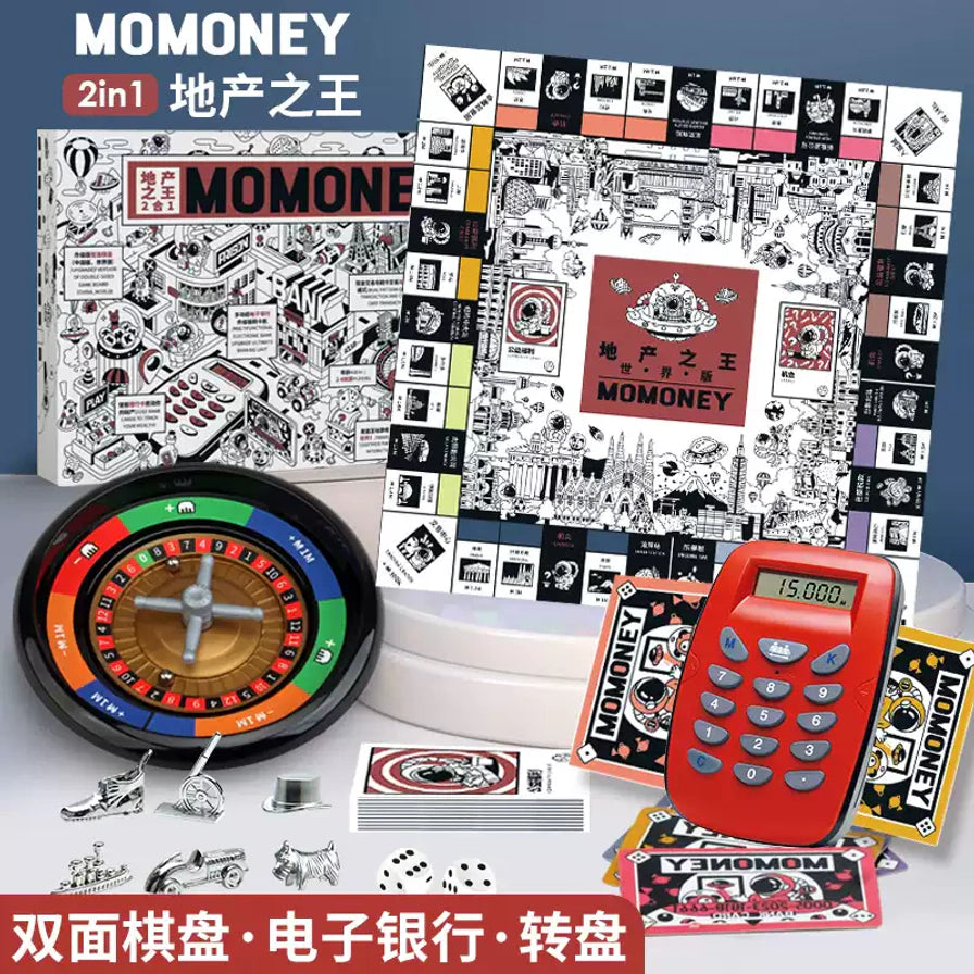 蓝色背景下的MOMONEY地产之王2合1桌游套装，画面展示双面棋盘、转盘、电子刷卡机和配件