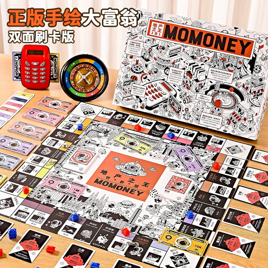 桌面上展开的MOMONEY地产之王桌游套装，双面棋盘与纸币卡牌铺开，旁边摆有转盘和电子刷卡机
