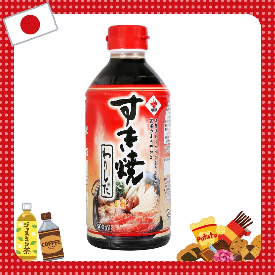 盛田寿喜烧酱油瓶装，背景为红色波点边框，带有日本国旗及零食饮料卡通插画装饰。