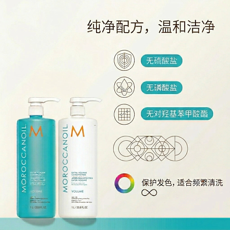 摩洛哥油洗护套装成分卖点图，展示无硫酸盐、无磷酸盐及保护发色等中文说明信息。