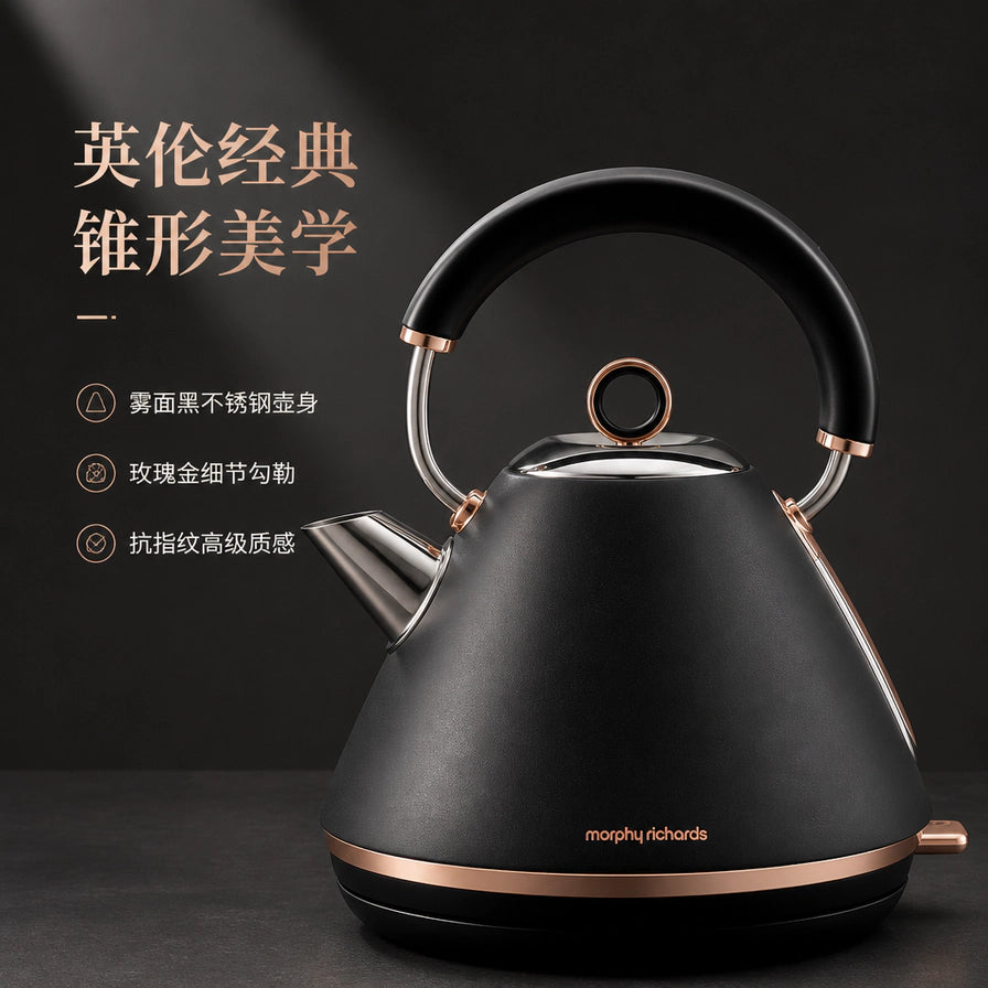 Morphy Richards 快煮壶卖点展示，包含英伦经典锥形美学、雾面黑不锈钢壶身、玫瑰金细节及抗指纹质感。