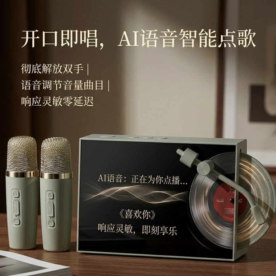 MORROR ART R1 智能语音点歌功能演示，屏幕显示“正在为你点播...”，上方配有“开口即唱，AI语音智能点歌”标题。
