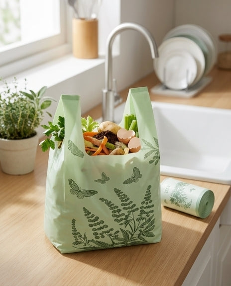 垃圾袋使用场景说明图，包含中文卖点标注和尺寸信息，展示防漏与手提功能。