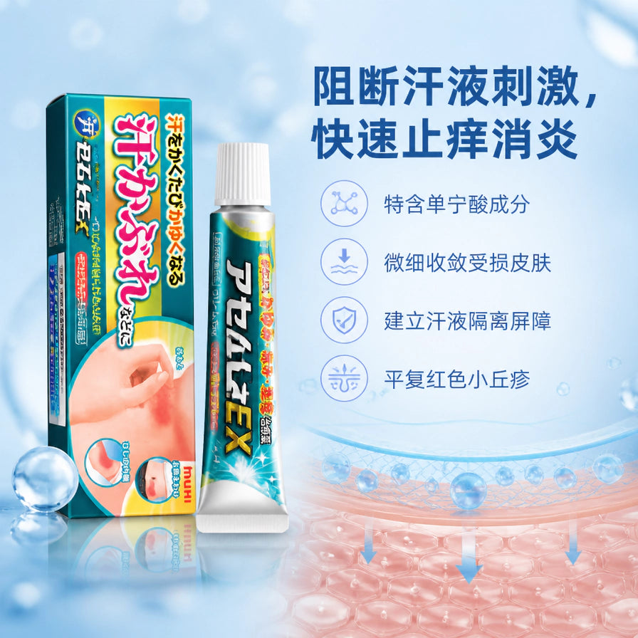 药膏盒装与软管的宣传图，右侧有中文卖点文字，蓝色背景并展示汗液阻断示意