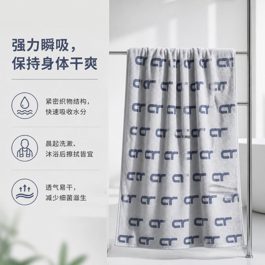 浴巾悬挂在浴室架上的场景图，左侧配有强力瞬吸、保持身体干爽、透气易干的中文功能介绍。