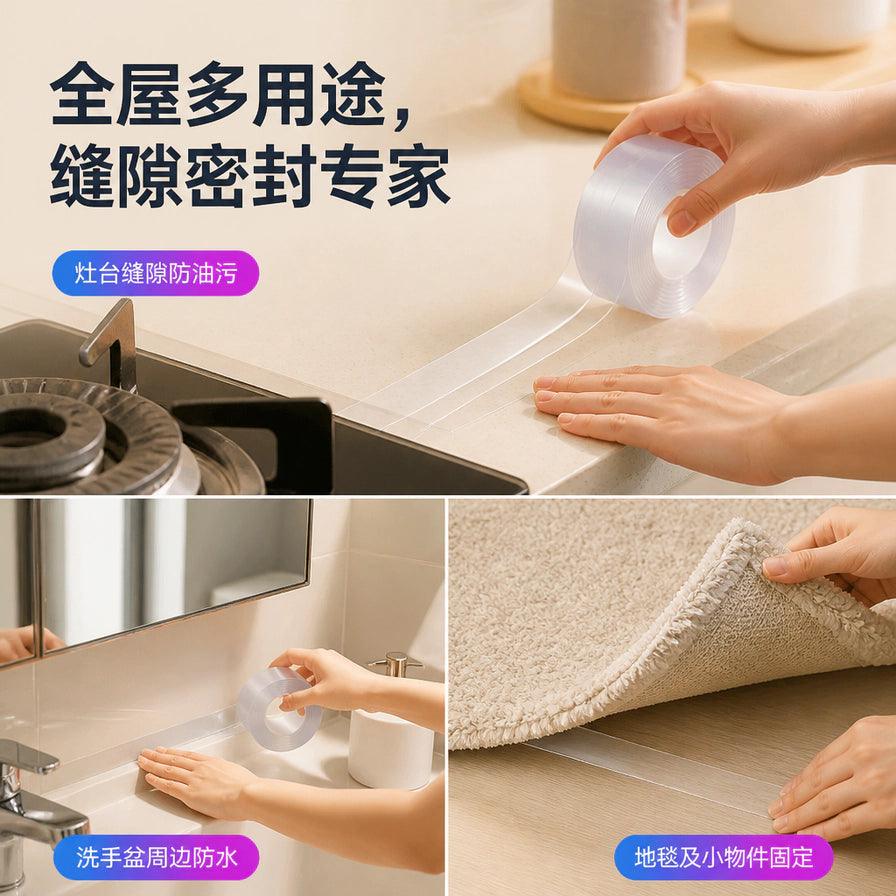 三张拼图展示胶带在灶台缝隙防油污、洗手盆周边防水以及地毯固定的多用途场景，带有中文说明。