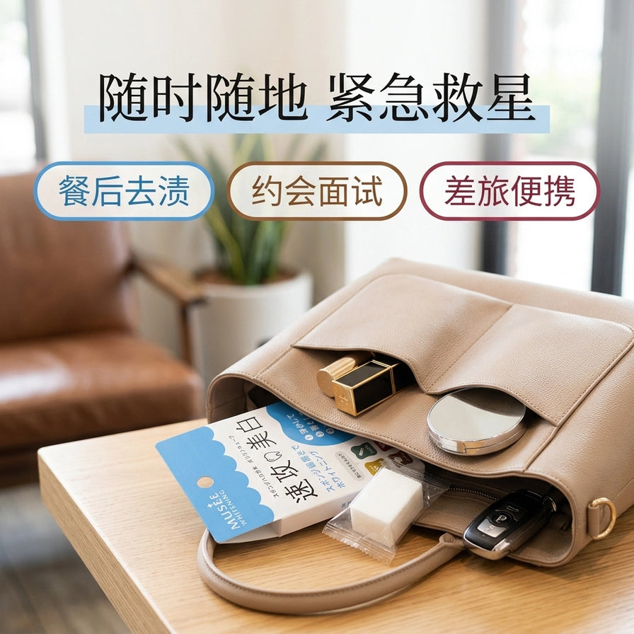 Musee 速攻美白牙擦放入女士手提包中的场景，展示其便携性，上方配有中文使用场景说明。