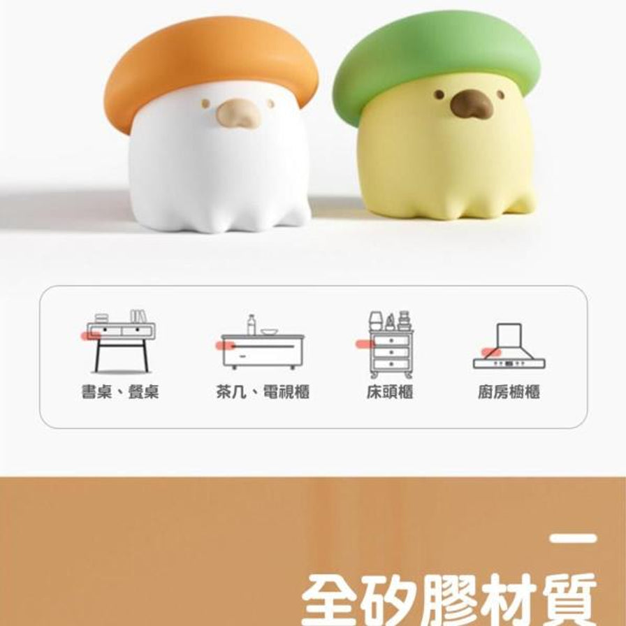 蘑菇防撞护角应用场景示意图，展示适用于书桌、餐桌、茶几、电视柜、床头柜及厨房橱柜，下方带有全硅胶材质说明文字。