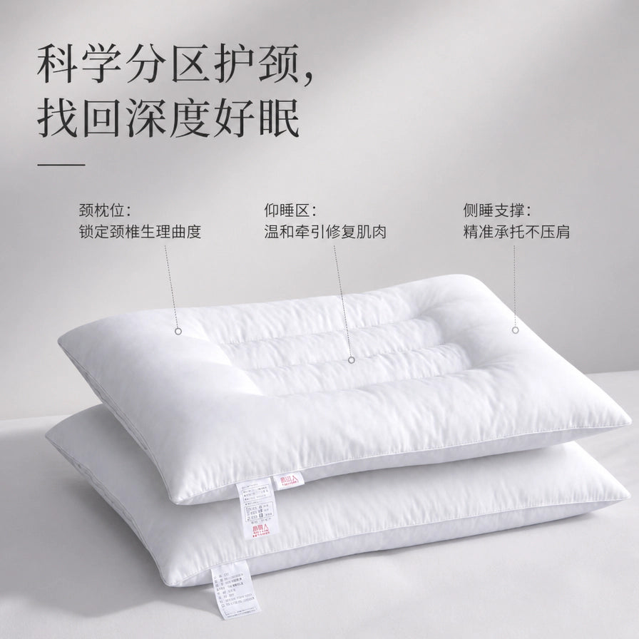 两只叠放的南极人护颈枕芯，配有文字说明颈枕位、仰睡区和侧睡支撑区的科学分区功能。