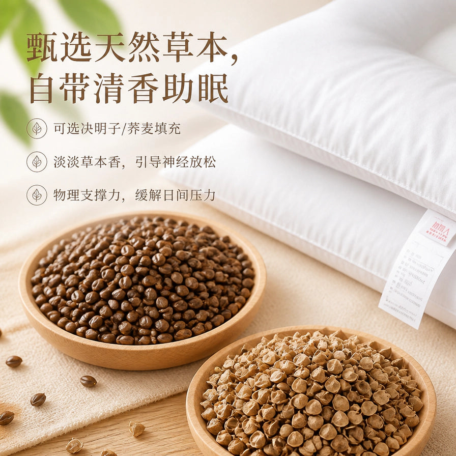 枕芯旁摆放着两盘天然填充物：决明子和荞麦，配有文字介绍天然草本清香助眠卖点。