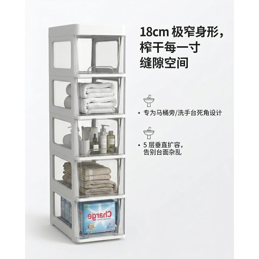 展示 18cm 极窄身形设计的卖点图，配有中文说明文字强调利用缝隙空间和垂直扩容功能。