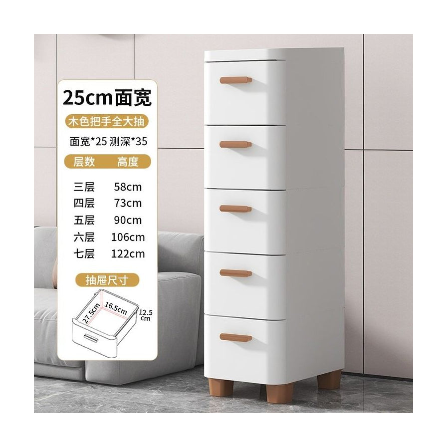 客厅场景中的白色收纳柜侧面图，左侧叠加了包含尺寸参数（25cm面宽）和层数高度对照表的中文说明卡片。