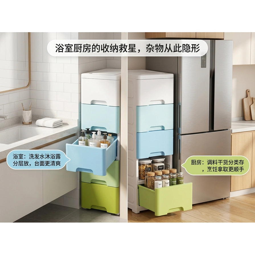 浴室和厨房场景拼接图，展示收纳柜分别存放洗护用品和调味罐的用途，图片上方及两侧带有中文卖点说明气泡。