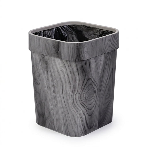 复古灰窄型垃圾桶置于沙发缝隙的电商场景图，展示 14L 容量与隐藏袋口设计